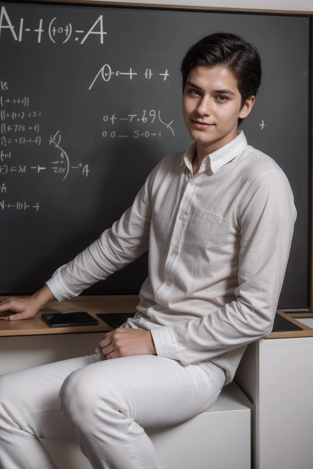 A beautiful, twinkling young man, a cute male with black hair. He is wearing a white long-sleeved shirt and blue jeans. He is sitting in his office, and behind him is a blackboard with calculus and mathematical equations written on it. He looks on with pride. He is a genius philosopher in mathematics.