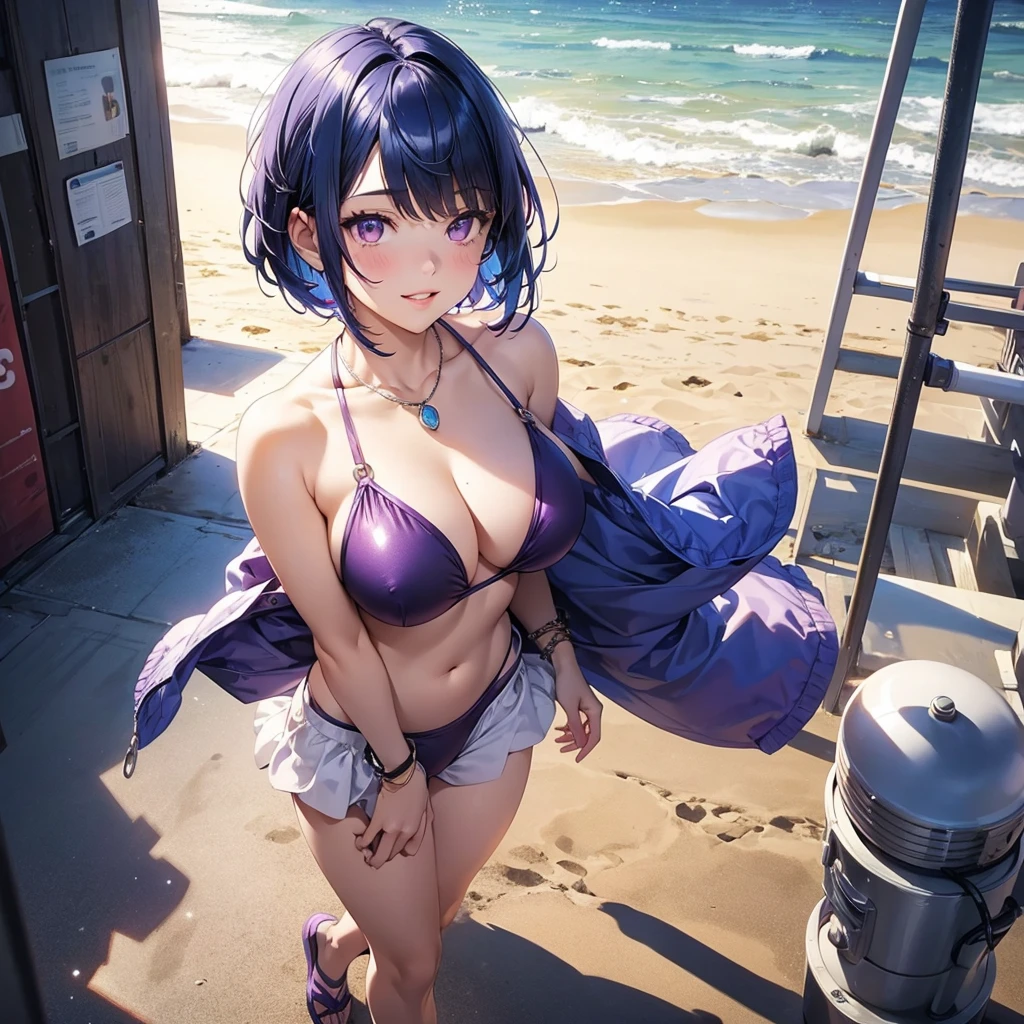 1girl, bangs, blue hair, necklace, parted lips, purple eyes, short hair, smile, solo, two piece purple swimsuit, sandy pier background, walking, 