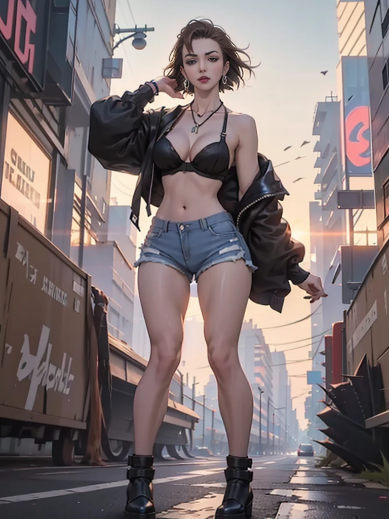 (1 girl, solo),Best quality, full body portrait, delicate face,brown long hair, bob haircut, forehead, 18 year old girl, slim figure, huge bust, loose oversized u-neck crop top full sleeved shhirt, cleavage,(under boobs:1.4), crotch gap, cameltoe, over shirt shorts, seen string of bikini bottoms, sunset bridge, vintage vespa behind, scene, standing tall, long leg , necklace, rings, earrings, bracelet, watch, open legs, araffe woman in shorts and a white top walking down a street, photorealistic perfect body, anime girl in real life, realistic anime 3 d style, sexy girl wearing shorts, at a city street, hyperrealistic full figure, bra and shorts streetwear, beautiful model girl, cyberpunk 2 0 y. o model girl, fashion model, hyper realistic anime, small waist, naval piercing, bellybutton pierced, nightlife,visible bra,denim shorts,tight ass, slutty,at night photo, night photography,brown hair(night outdoors)