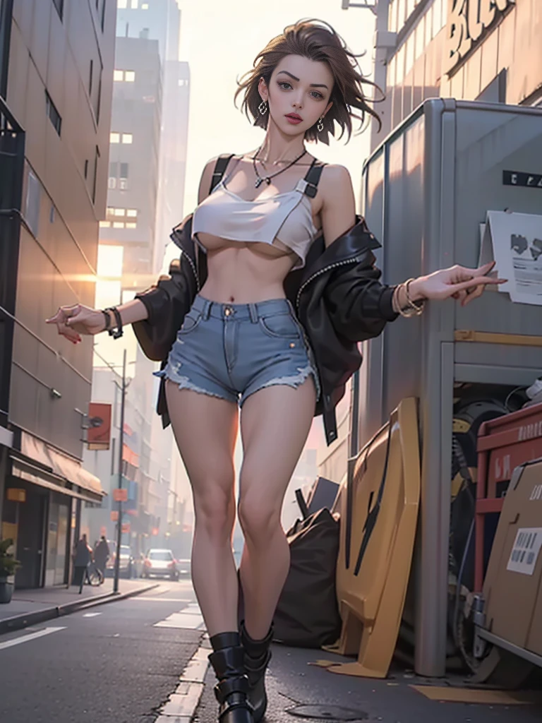 (1 girl, solo),Best quality, full body portrait, delicate face,brown long hair, bob haircut, forehead, 18 year old girl, slim figure, huge bust, loose oversized u-neck crop top full sleeved shhirt, cleavage,(under boobs:1.4), crotch gap, cameltoe, over shirt shorts, seen string of bikini bottoms, sunset bridge, vintage vespa behind, scene, standing tall, long leg , necklace, rings, earrings, bracelet, watch, open legs, araffe woman in shorts and a white top walking down a street, photorealistic perfect body, anime girl in real life, realistic anime 3 d style, sexy girl wearing shorts, at a city street, hyperrealistic full figure, bra and shorts streetwear, beautiful model girl, cyberpunk 2 0 y. o model girl, fashion model, hyper realistic anime, small waist, naval piercing, bellybutton pierced, nightlife,visible bra,denim shorts,tight ass, slutty,at night photo, night photography,brown hair(night outdoors)