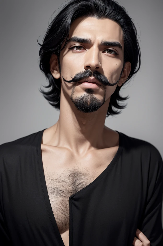 A tall, thin man with light black skin , olhos grandes e pretos , seemingly big eyelashes, black hair and gradient cut , naris fine and large , fleshy lips , with mustache and goatee , in black clothes and is in a square