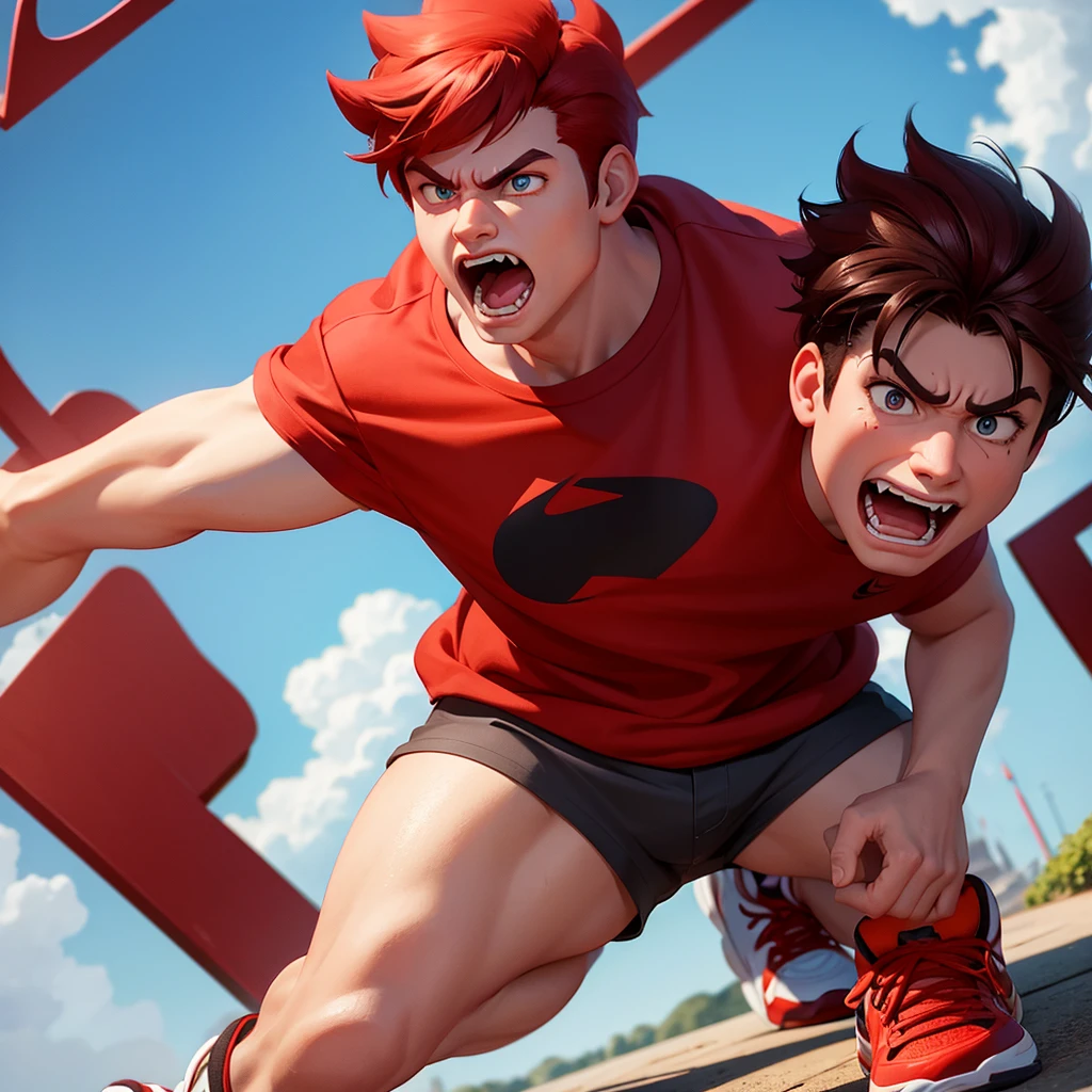 Disney Pixar style boy 3d cartoon character with red skin, eyes large, Red hair, plaid blouse and brown shorts, angry-looking Nike sneakers, in high contrast and 8k image 