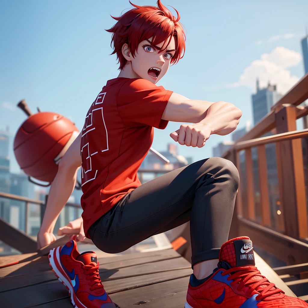 Disney Pixar style boy 3d cartoon character with red skin, eyes large, Red hair, plaid blouse and brown shorts, angry-looking Nike sneakers, in high contrast and 8k image