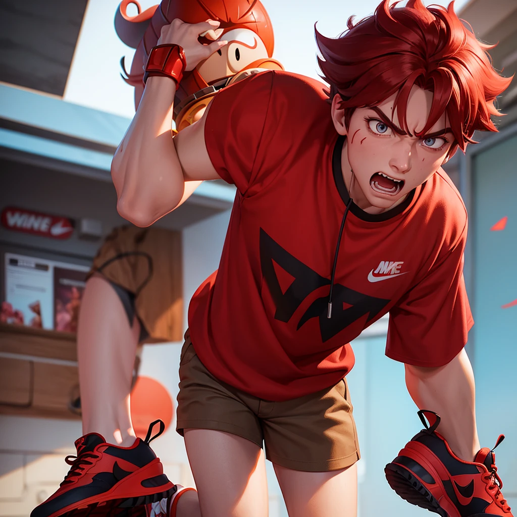 Disney Pixar style boy 3d cartoon character with red skin, eyes large, Red hair, plaid blouse and brown shorts, angry-looking Nike sneakers, in high contrast and 8k image