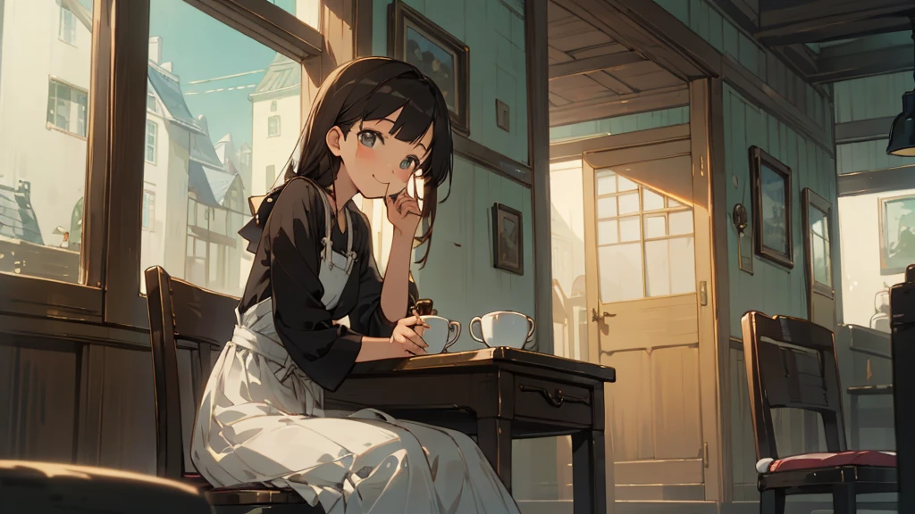 Stylish cafe、Anime Style、Freshly Brewed Coffee、Delicious looking baked goods、Relaxed atmosphere、Cozy atmosphere、Beautiful girl with dark hair sitting and drinking coffee、Wearing a dress、smile、Warm Light、avert your eyes、Ghibli style