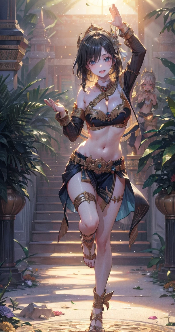 (Masterpiece:1.5), (((High qualityสุด, best quality, High quality))), ((complicated details, very detailed, Crazy details)), height, 32ก, วอลล์เปเปอร์ความสามัคคี CG 8k ที่มีvery detailed., (beautiful and beautiful:1.2),, (depth of field:1.3), (flawless.:1.3), (Showing subtle details:1.4),
(((Abundant natural light, Delightful bright colors))), (Ambient volumetric backlight:1.5),  (Illustration of a very beautiful young woman:1.3), (perfect center:1.4), (Natural Willow Pose:1.5), (((movie corner))),
(1milf:1.5), (alone:1.4),
beautiful beautiful face, [(detailed face:1.2):0.2], Bright eyes, pure rose face_v1, ulzzang-6500-v1.1,  (gag:1.5), (red lips:1.4), (full lips:1.4), (smile:1.3),
flawless attractive body, (((The feminine curves are pronounced..))), Skin glows brightly.., realistic skin, hair follicles, (((Tighten your stomach, navel, Groin:1.3))),
(((golden thread fluttering.))), (Fringed tassels:1.3), (tight long sleeves:1.4), (Single neck), (The artifact shines..:1.5),(Strapless Thai dress, no straps.:1.3),(Show your breasts,The cracks are clear..), (Elegant and intricate clothing accessories:1.5), (Gem embroidery work:1.4), (sparkling clothes:1.4), (sparkling particles:1.3), (((The front seam is sagging.., The back seam is sagging.))), (((earring, armband, Hair clips, hair accessories))), (Stand alone in a magical outdoor garden decorated with gems and colorful exotic flowers and shrubs.:1.5), (Outside the great ancient palace:1.5),(((full body))),(((ขับnavel,dance program,Thai dance))),(((2 young women,beautiful woman)))