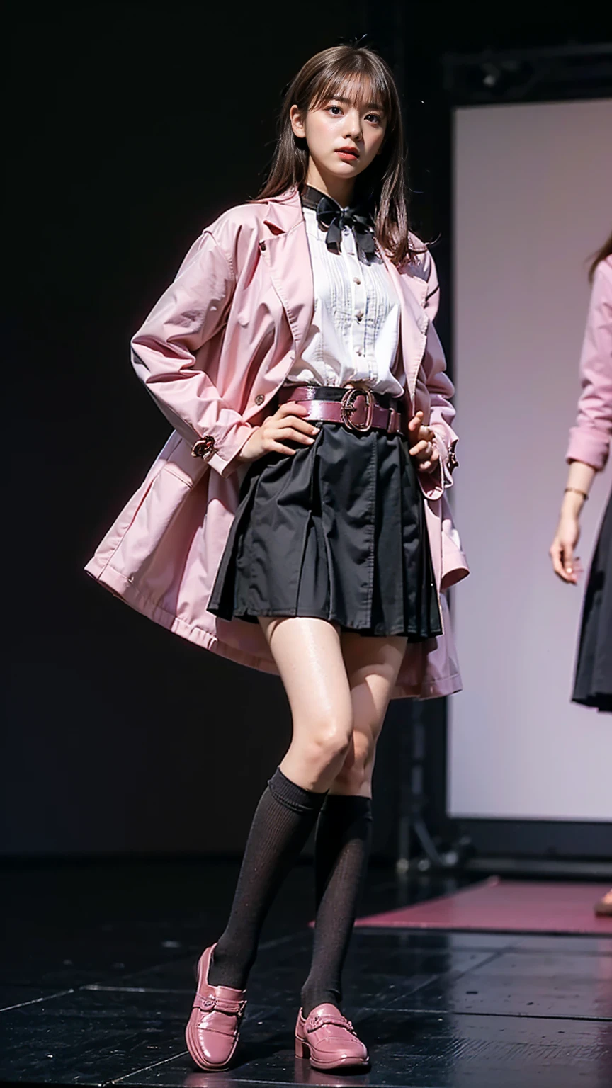 (8K、RAW Photos、Highest quality、masterpiece:1.2)、(Realistic、Realistic)、1 Girl、((Pink Coat、Black mini dress、whole body、Knee socks、loafers、stage、chest emphasis、whole body、View from the front、Ribbon on chest、Looking into the camera、belt、Stand with hands on hips))、