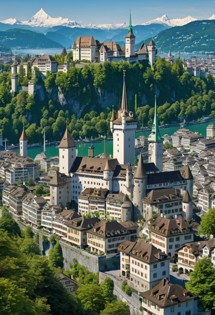 A large city inspired by Zurich with a large castle in the center, with many houses, surrounded by mountains and forests.