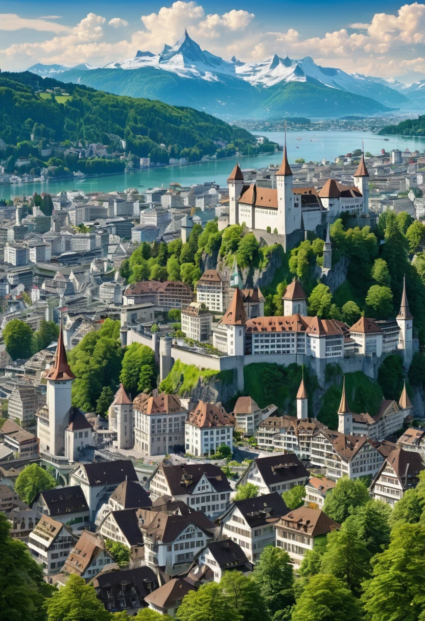 A large city inspired by Zurich with a large castle in the center, with many houses, surrounded by mountains and forests.