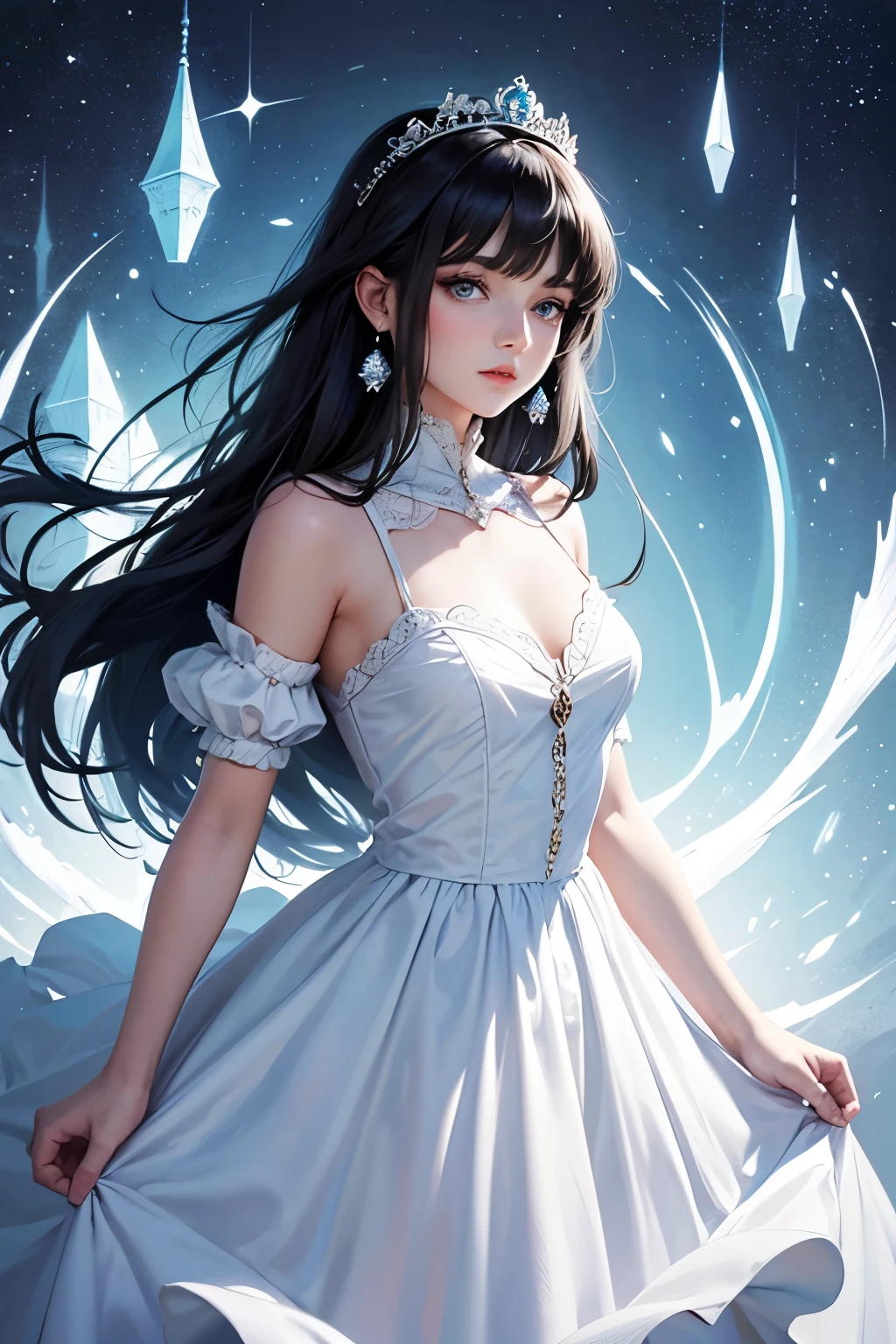 A beautiful young princess with black hair and blue eyes., she is wearing her beautiful long white dress