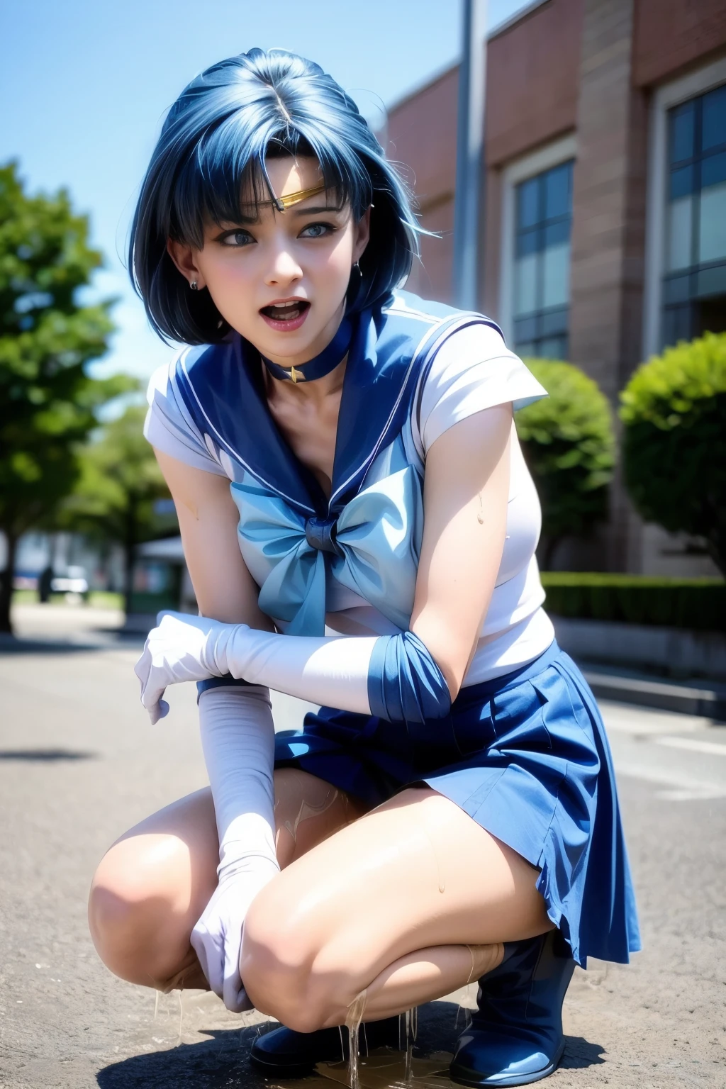 (realistic, photo-realistic:1.4), (best quality,masterpiece:1.2), RAW photo, high resolution, intricate details, extremely detailed, realistic and sharp details, cinematic lighting, (full body), (frontal photography, view from below:1.3), solo, 1girl, sailor mercury, mer1, AmiMizuno, a Japanese female idol wearing a sailor senshi uniform, smuniform, jewelry, circlet, star shape earrings, blue sailor collar, blue choker, neck ribbon, (white elbow gloves:1.2), blue skirt, blue knee boots, (short hair, blue hair:1.5), detailed face, detailed eyes, pale skin, fine-textured skin, (perfect anatomy, prefect hands), (spread legs apart, leaning forward, hands between legs, thighs:1.2), (peeing self, pee puddle:1.5), (blush, ashamed, humiliation, desperation, open mouth:1.2), photo background, outdoors, downtown, holiday, daytime, sunny, (crowd in background),,