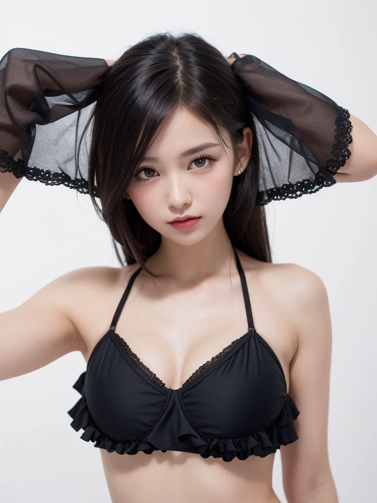 (((forehead、Northern Europe、White people、beautiful girl、Black Hair、White background、Black lace、Black frills、Swimwear、bikini、Pareo)))、table top, highest quality, figure, super detailed, finely, High resolution, 8k wallpaper, Perfect dynamic composition, detailed and beautiful eyes, Deco out,bionde, breasts, Natural color lip,white background, random cute poses,