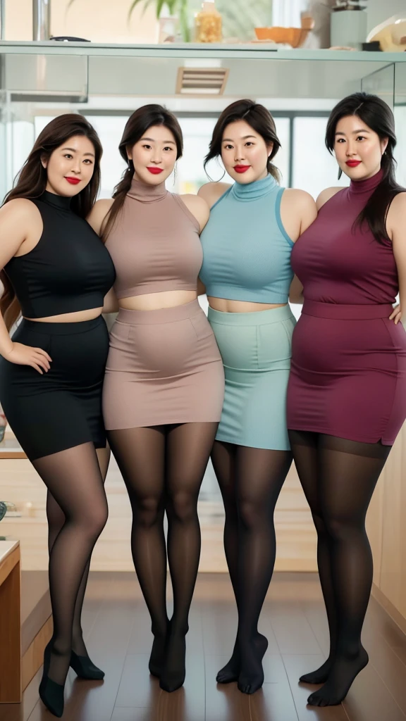 Four women in skirts standing side by side on the beach, Age 35 years，Asian Face，Tall and obese，Minimalist tights for women, Realistic clothing, skinTights, Wear tight, simple clothing, Daz Studio Genesis Iray Women, Tights, Tights, A shader, Succubus in tight skirt, Realistic clothing, Tights, daz3d genesis A shader