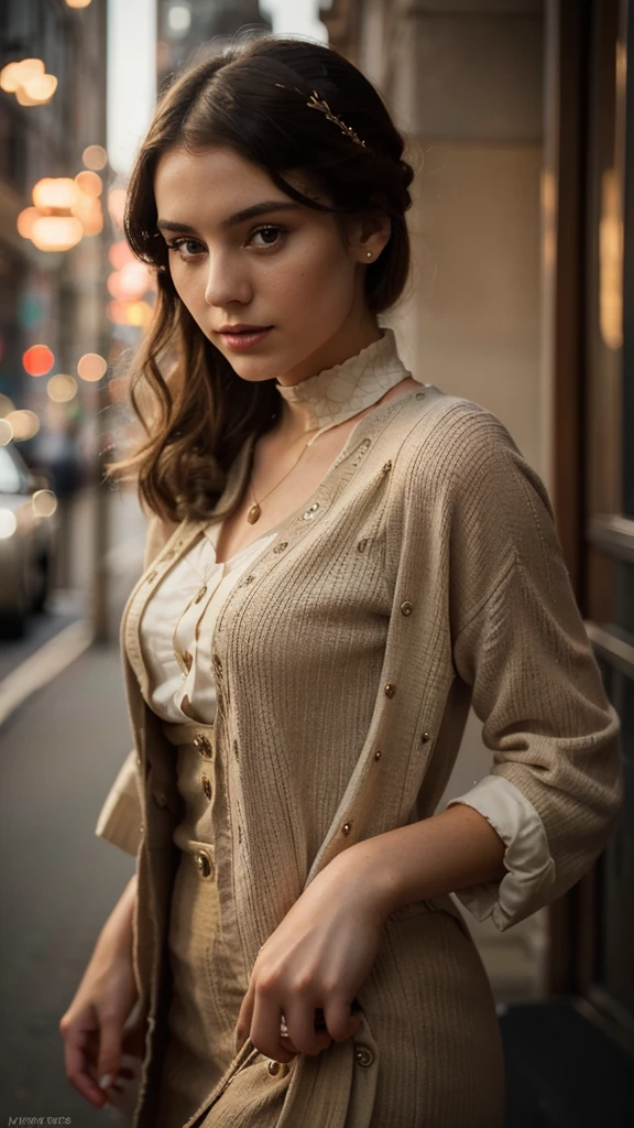 (1 young beautiful woman, 21 years old, wearing 1920s women's fashion, 1920s era, in a city in London, not black and white, 4k, detailed face, detailed eyes, detailed lips, detailed clothing, photorealistic, masterpiece, intricate details, ultra-detailed, realistic, high quality, cinematic lighting, dramatic lighting, warm color tones, elegant, graceful, fashionable, portrait)