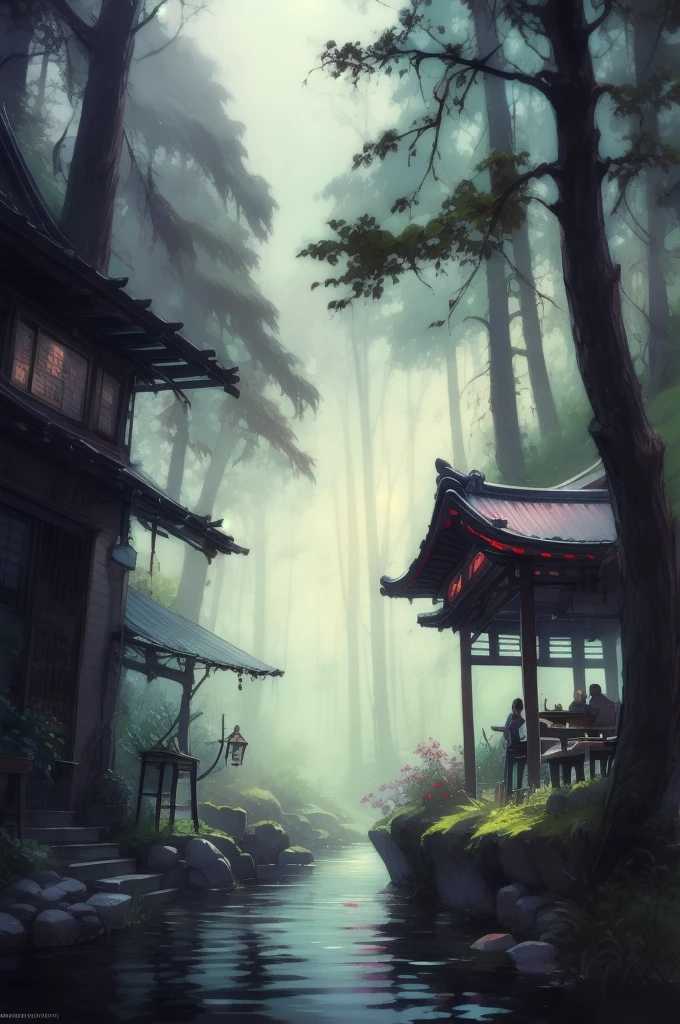 A painting of a house in the woods with a river running through it.., fantasy Izakaya background, highly detailed fantasy art, dark Fantasy Setting, A multifaceted cozy izakaya, Kerem Couplet, Izakaya background, Fantasy Setting, A pleasant and enchanting scene, Beautiful depiction of a fairy tale, A mesmerizing magical fantasy forest, Magical Environment, Realistic fantasy illustration, Highly realistic concept art