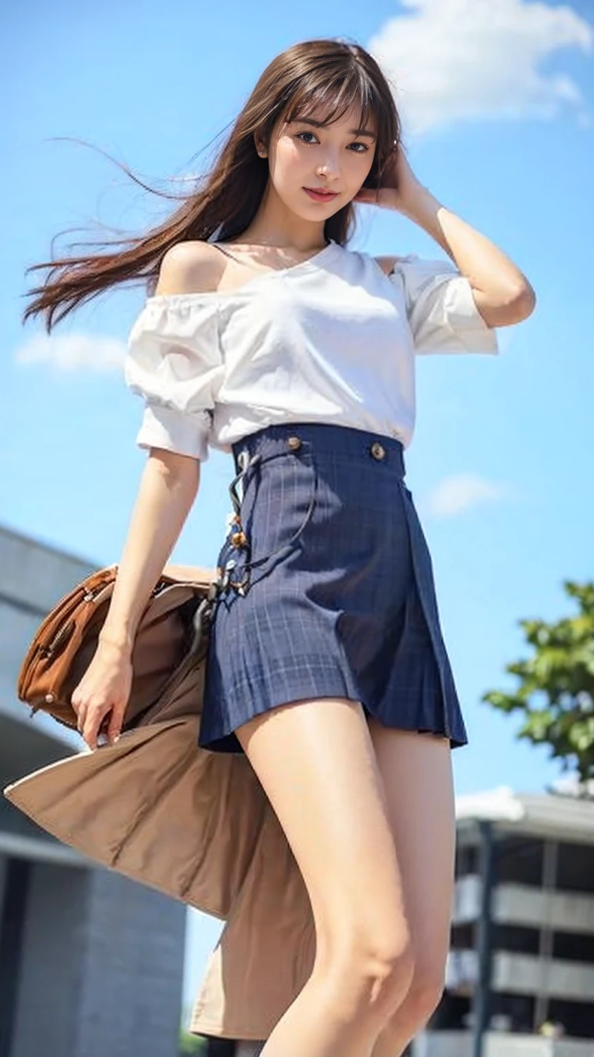 ((Viewing angle from below、Highest quality、masterpiece、32k、Every detail))、Descend the outdoor stairs、commute、Systemic manifestations、Traditional navy blue sailor uniform、White blouse、Pleated skirt、(((A strong wind blows my hair and skirt away:1.62)))、((I always carry the shoulder strap of my bag across my body..:1.22))、One Girl, alone、(((mini skirt, No underwear:1.22)))、Big Breasts、barefoot, High heels
