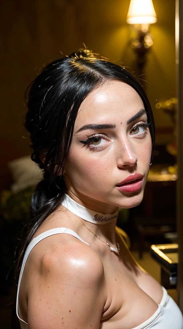 a photograph of (madisonbeer-smf, 1girl, solo) fotografía analógica de ahegao, ahegao expression, (faces show abundant sweat- and salivation), 1girl has reddened cheeks, (soft saturation:1.2), analog film photography, highly detailed, photorealistic, 8k, realistic skin texture, detailed facial features, beautiful detailed eyes, beautiful detailed lips, extremely detailed eyes and face, long eyelashes, intricate hairstyle, choker necklace, glossy skin, radiant lighting, moody atmosphere, cinematic composition, dreamy color palette, warm lighting, ((seductive pose)), (dynamic angle), (fashion shoot, dark bedroom). (award-winning photograph), (best quality), photography by (Mario Testino:1.3), HDR, RAW photo, depth of field, ((cold light, deep contrast, volumetric lighting, dramatic shadows)), sharp focus on subject,