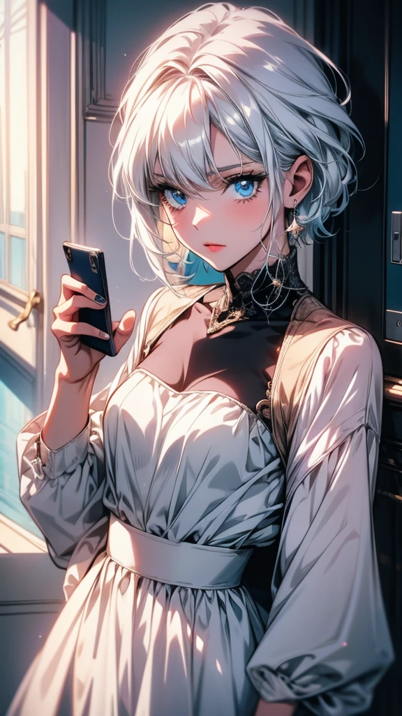 Anime girl with white hair and blue eyes holding a mobile phone, from Girls&#39; Frontline, Girls&#39; Frontline style, Girls&#39; Frontline cg, Fine details. Girls&#39; Frontline, Kantai Collection Style, Girls&#39; Frontline universe, Girls&#39; Frontline, Inspired by Ren Mei, m4 sopmod ii Girls&#39; Frontline, From Arknights, Villain Anime Girl, Cyberpunk anime girl in a hoodie, Nightcore