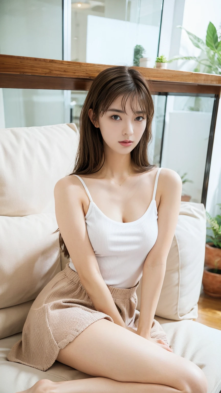 (((Highest quality,Very detailed,masterpiece,Very detailed))) ,(((Bend your knees))),loose breast,See-through,camisole,one piece,barefoot,One Girl,Realistic,Lying down,Bedroom、Looks sleepy