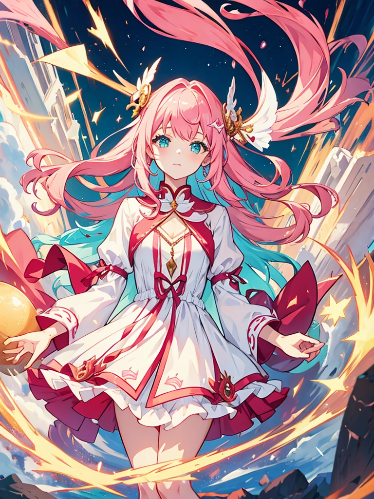 fantasy world girl with colorful hair, accessories, detailed clothes, pink hair, white and red clothes, short dress