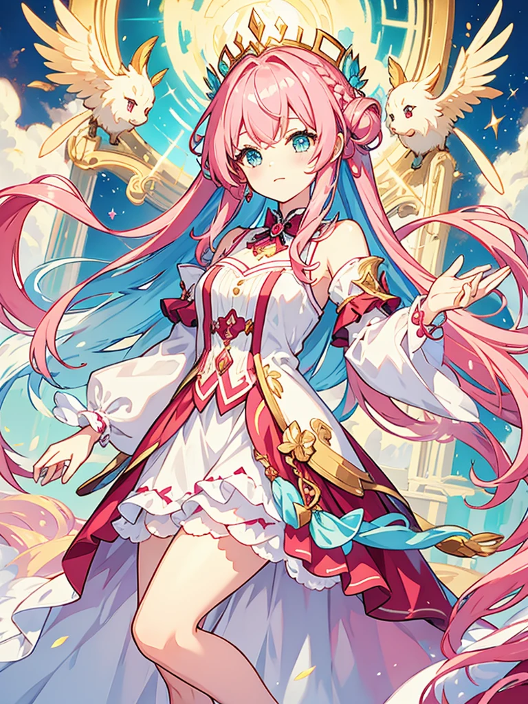 fantasy world girl with colorful hair, accessories, detailed clothes, pink hair, white and red clothes, short dress
