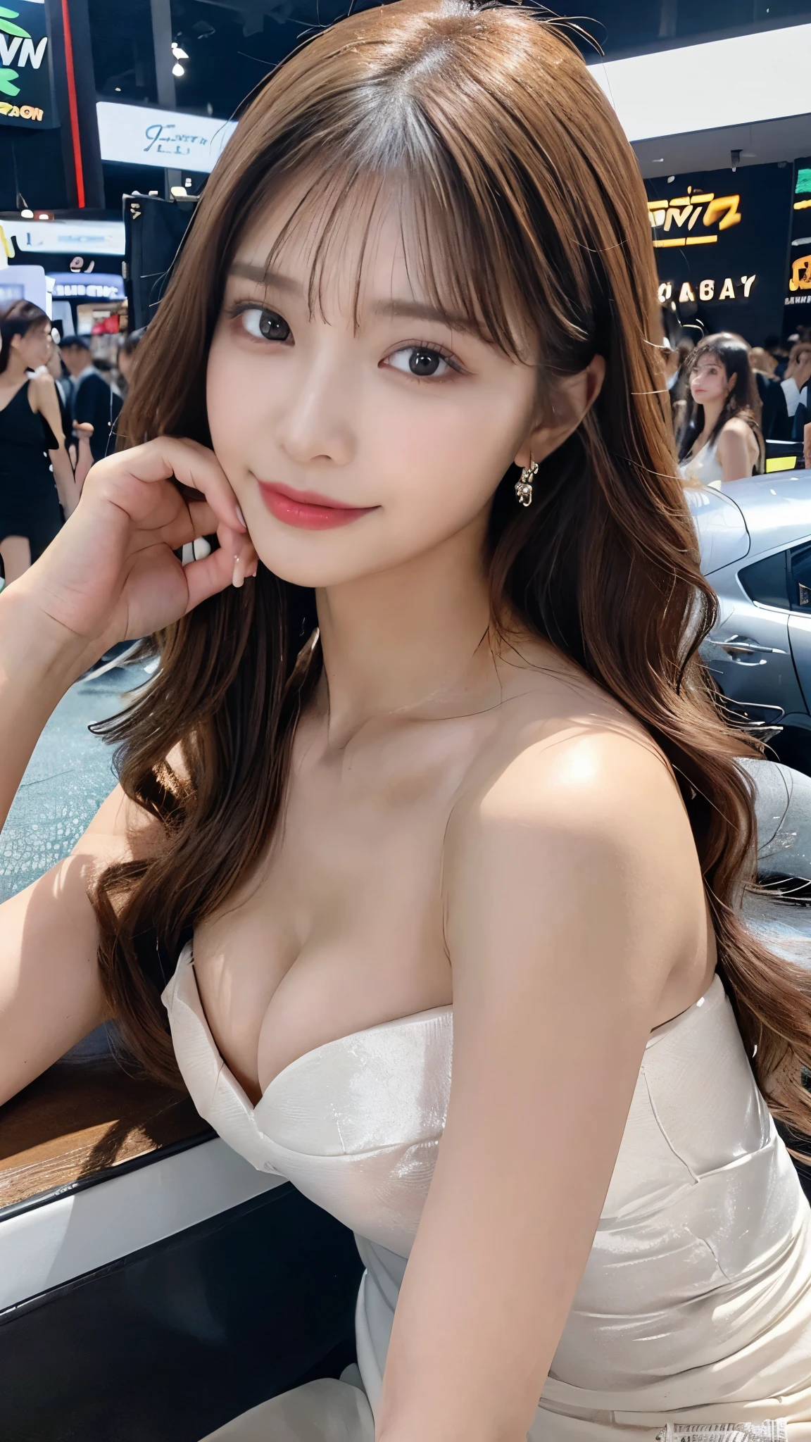 (Detailed skin:1.2),(Shiny skin:1.1),8K,Highest quality, masterpiece, Ultra-high resolution,(Realistic:1.4), RAW Photos,(Soft saturation:1.3),(Fair skin:1.2),Half-Japanese beauty,repair,20 years, Light brown hair, (Long Hair:1.2), Asymmetrical Hair, (Pretty face:1.4), (Large Breasts, Tight waist), Beautiful lighting, (Sexy Grid Girl:1.2,),Highly detailed face, Highly detailed lips, fine grain, double eyelid, (Sharp focus: 1.2), (Perfect Anatomy),(Beautiful woman with perfect figure: 1.2)、Exposing cleavage、Random sexy poses,(Accentuate your leg lines:1.1)、Sharp Eyes,smile,(Motor Show Venues),Full body model pose,Pit Babe