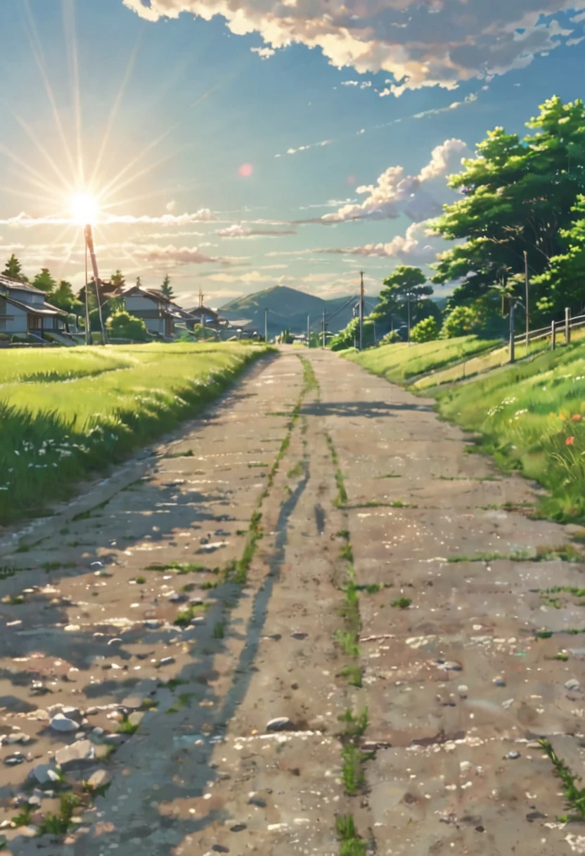 (background),Summer countryside, Residential area on the hill, Grass, wood々and gravel road, The summer clouds are approaching, Beautiful contrast of sun and shadow. 8K quality (makoto shinkai)
 style)