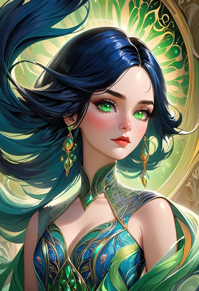 a beautiful malw with long flowing blue hair and short black hair, intricate hairstyle, detailed facial features, gorgeous green eyes, detailed lips, delicate skin, elegant pose, intricate dress, surreal fantasy landscape, warm lighting, vibrant colors, cinematic composition, highly detailed, 8k, photorealistic, digital art