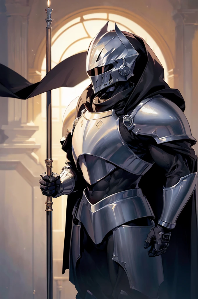 (masterpiece; best quality: 1.2), (full-armored knight man)), ((solo)), (hollow visor: 1.4), (body; muscular, large, masculine: 1.3), (beautiful and clear background: 1.2), ((depth of field)), (equipment: all-black full plate medieval armor + lowered visor helmet + long black cape: 1.3), (anime illustration: 1.2), (background composition; fantasy castle corridor + furniture: 1.1), (shot composition; standing + centered on torso + close-up: 1.5)