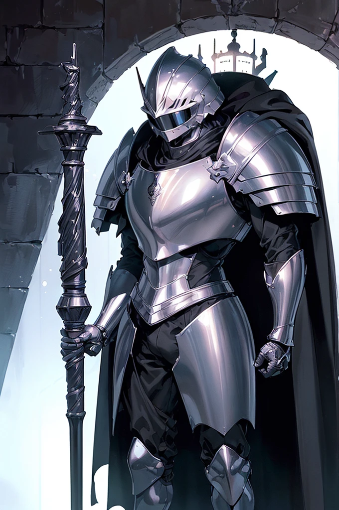(masterpiece; best quality: 1.2), (full-armored knight man)), ((solo)), (hollow visor: 1.4), (body; muscular, large, masculine: 1.3), (beautiful and clear background: 1.2), ((depth of field)), (equipment: all-black full plate medieval armor + lowered visor helmet + long black cape: 1.3), (anime illustration: 1.2), (background composition; fantasy castle corridor + furniture: 1.1), (shot composition; standing + centered on torso + close-up: 1.5)