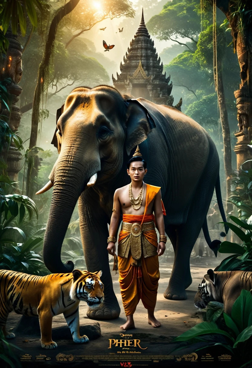 /imagine prompt: "Phet Phra Uma movie poster, dense jungle background, heroic characters in traditional Thai attire, dramatic lighting, wild animals like tigers and elephants, mystical elements, treasure artifacts, adventure and mystery vibe" --v 5 --ar 2:3 --style cinematic --contrast high --details fine --elements exotic and historical atmosphere