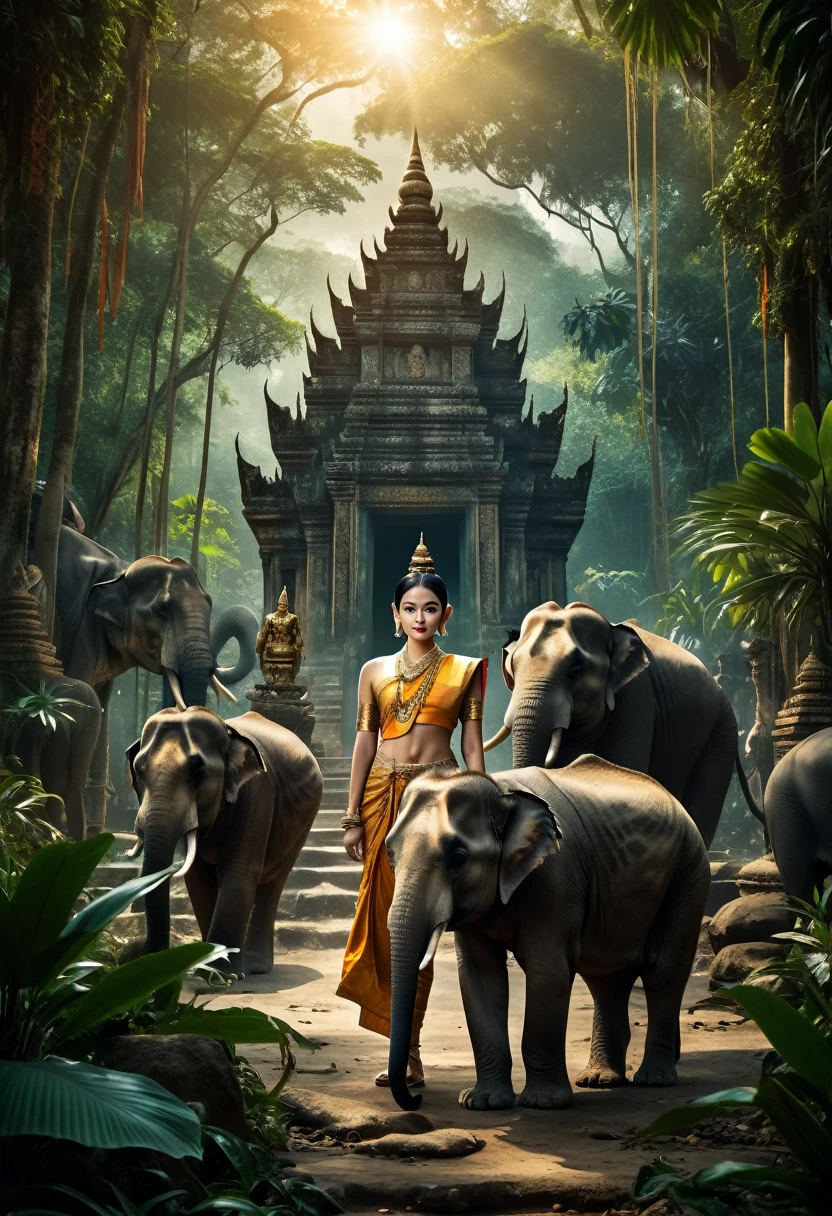 /imagine prompt: "Phet Phra Uma movie poster, dense jungle background, heroic characters in traditional Thai attire, dramatic lighting, wild animals like tigers and elephants, mystical elements, treasure artifacts, adventure and mystery vibe" --v 5 --ar 2:3 --style cinematic --contrast high --details fine --elements exotic and historical atmosphere
