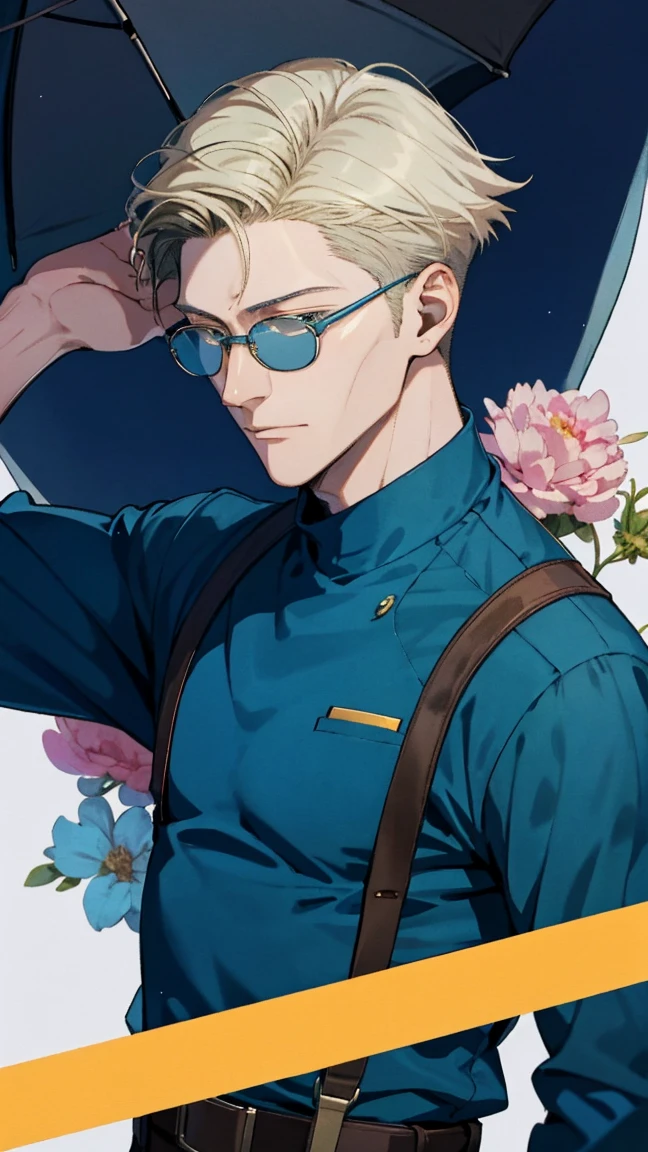 Realist,(masterpiece,Ariba Quality,Highest quality,Official Art,beauty:1.2),He is very knowledgeable,Fractal Art,color,More detailed,Tangled,(Abstract background:1.5)(1:1.3),Nanami,Light blonde hair,Short detailed hair,(Blue Sunglasses ,Tall and strong,青いシャツと黒い斑点のある黄colorのネクタイ,Avistic,(Posing with glasses),Handsome