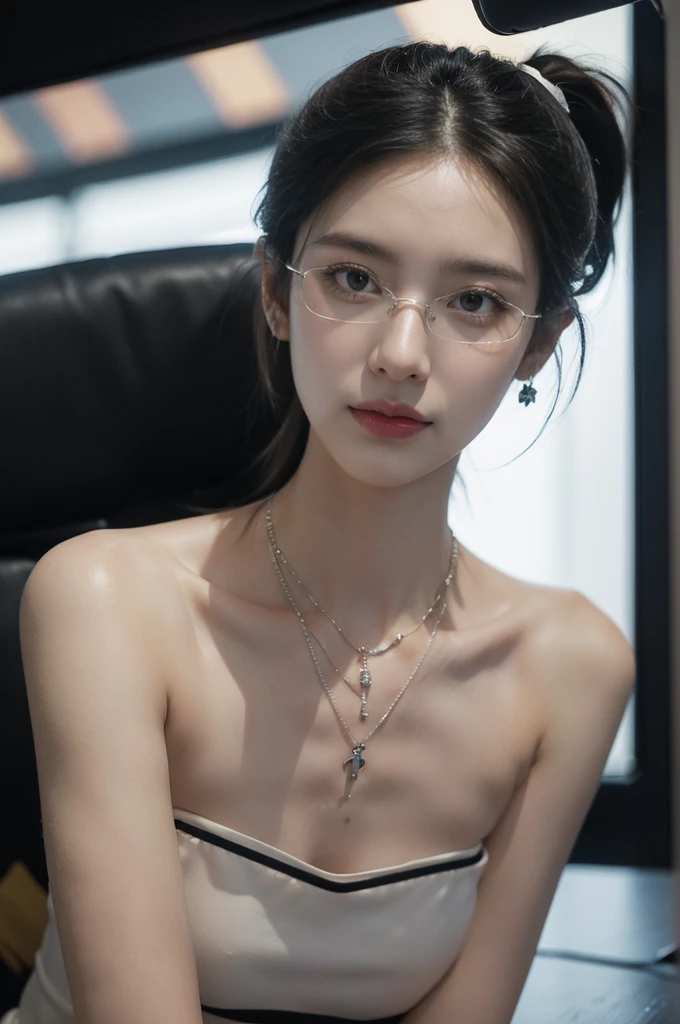 (((best quality))),(((ultra detailed))),(((masterpiece))),illustration,((1 beautiful girl,solo)),((slim,thin)),((small breasts,flat chest)),futuristic laboratory, ((stylish glasses,detailed eyes)), intelligence,((strapless white lab bra)),(short ponytail:1.2), flawless skin,(laughing:1.2),(earrings,crystal necklace), cyberpunk vibe, high-tech equipment, darkened lighting, high-altitude lamps, beakers, flasks, test tubes, computer screens, consoles, terminals, scientific wonderland, desolate surroundings, time warp, motionless, deep in concentration, profound scientific mystery, secrets of the universe, beauty, poignancy, essence of science, mystery, alluring appeal, captivating, enchanting,((close-up of face,from front))