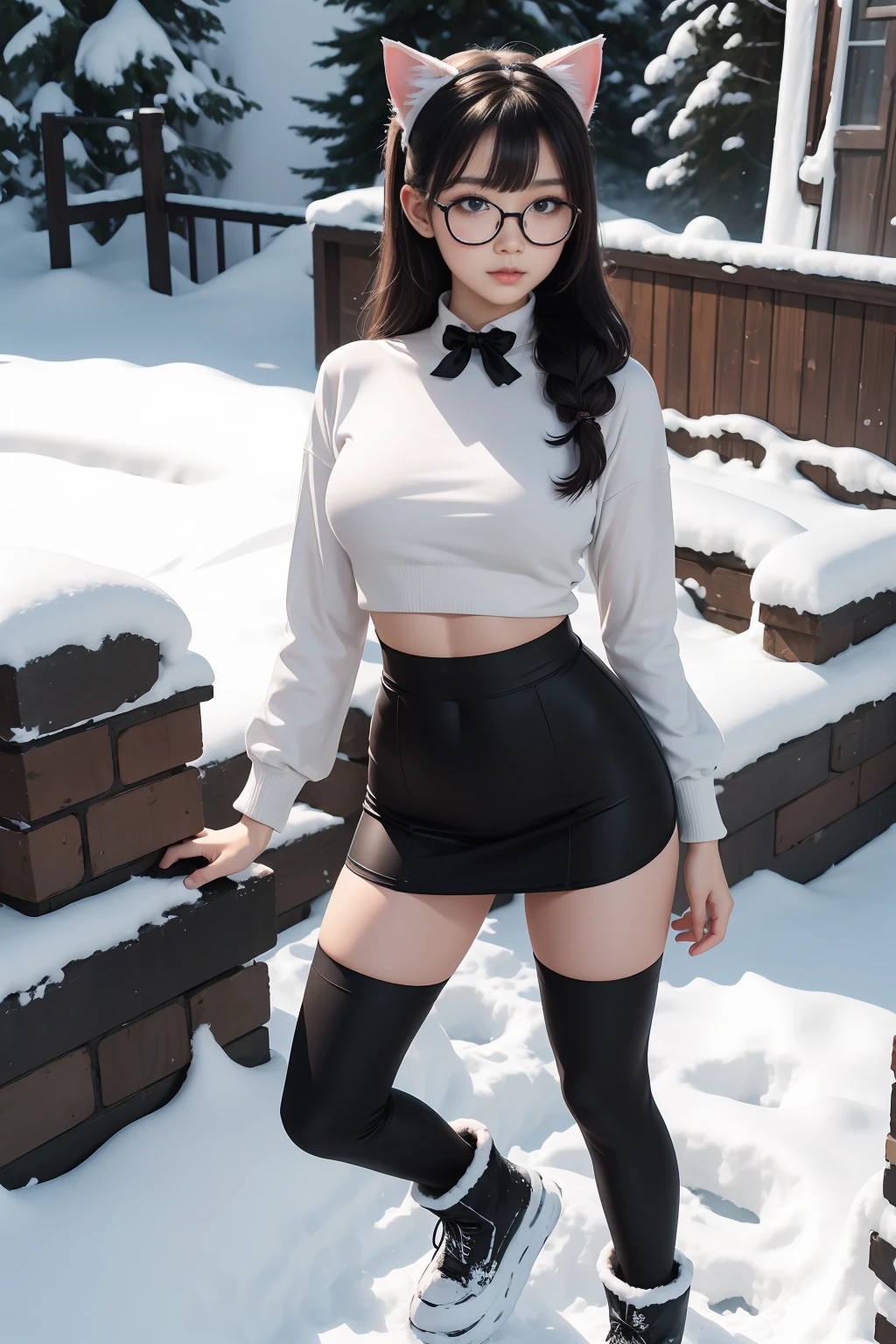 (Best Quality,High resolution:1.2), Ultra-detailed, Realistic portrait, hot Russian girl, pretty face, perfect long legs, full body, tiny waist. large breasts, standing, tight white cropped jumper, black high waist leggings, pink and white snow boots, in the snow, large blue eyes, long black hair tied up with a ribbon, pigtails, tight high waist mini skirt, woolen socks, hair bangs, snowing, foggy, (large round black rimmed glasses), cat ears, (large bow at the back of head, midriff)