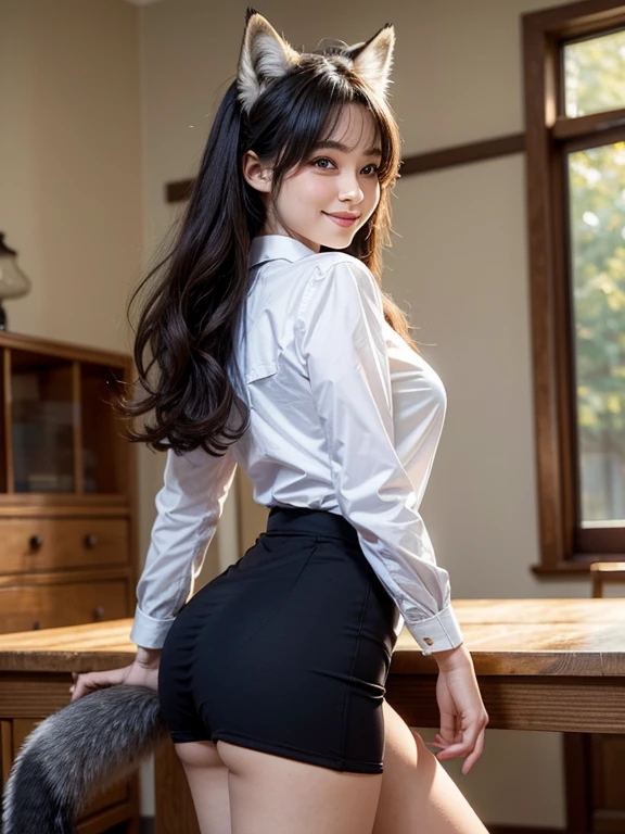 ((Highest quality, 32k)), ((masterpiece)), (Familiar), Perfect Face, Fox Girl, Pretty girl, model, indoor, Has one tail, She has a northern fox tail, She stretches out her fluffy tail, Beautiful hip line, Thick thighs, She is wearing a business suit, stick your buttocks out to the front, A large tail sticks out, Waving his tail happily, She only has one tail, Smiling Kindly