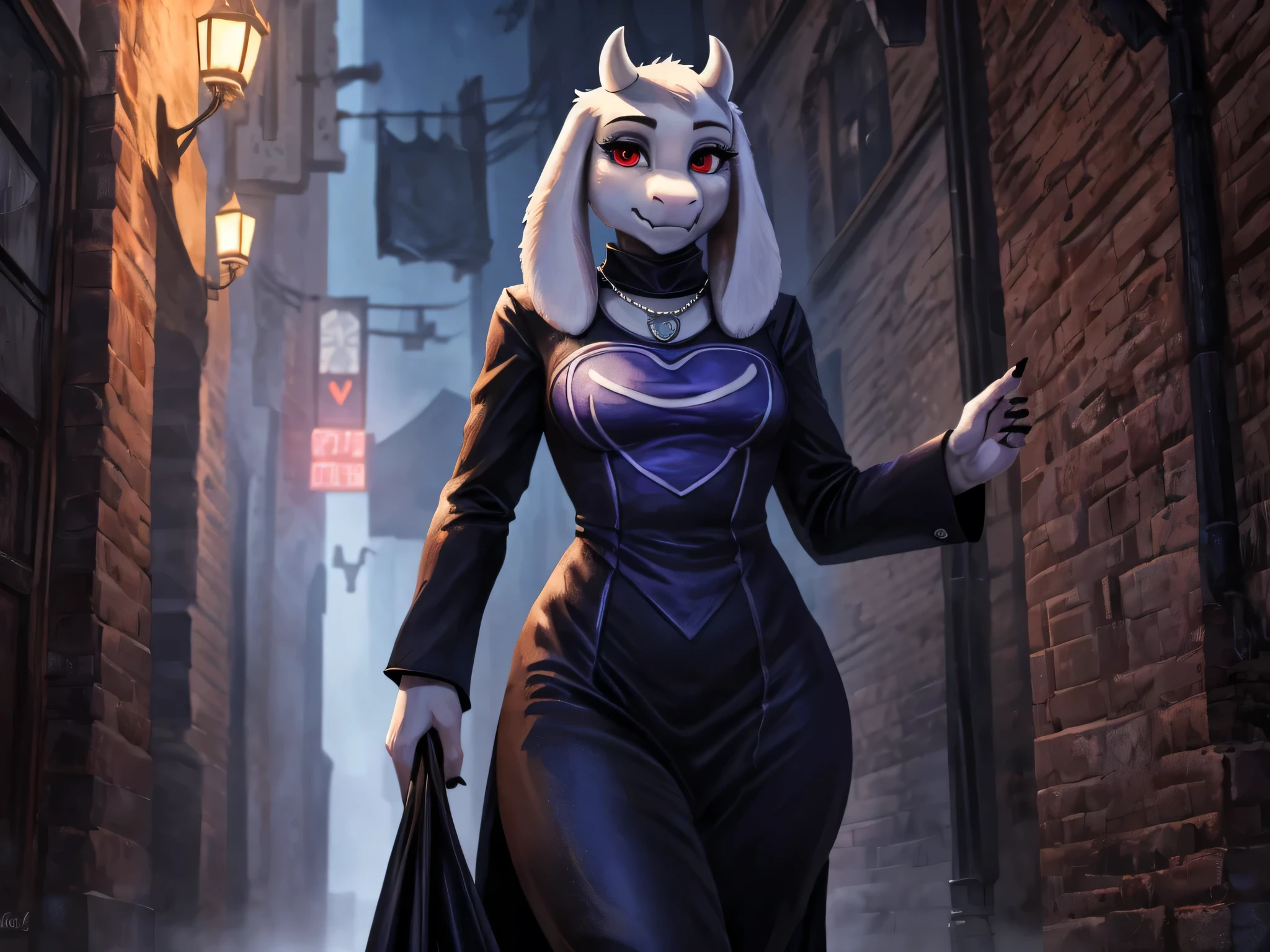 (((Toriel))), (Female goat anthro:1.3), (White fur:1.1), (walking towards viewer:1.3), (Foggy night alley:1.23), (Blank expression:1.3), (detailed eyes), (sharp red eyes), detailed background, 8k hd, (dark shadows, low saturated, hdr, low light:1.2), (Thin physique), black eyeshadow, (black skintight shirt, silver necklace, black dress pants), ((Gothic)), Close-up, high detail, highly detailed, digital painting, black fingernails, black makeup, (((Solo)))