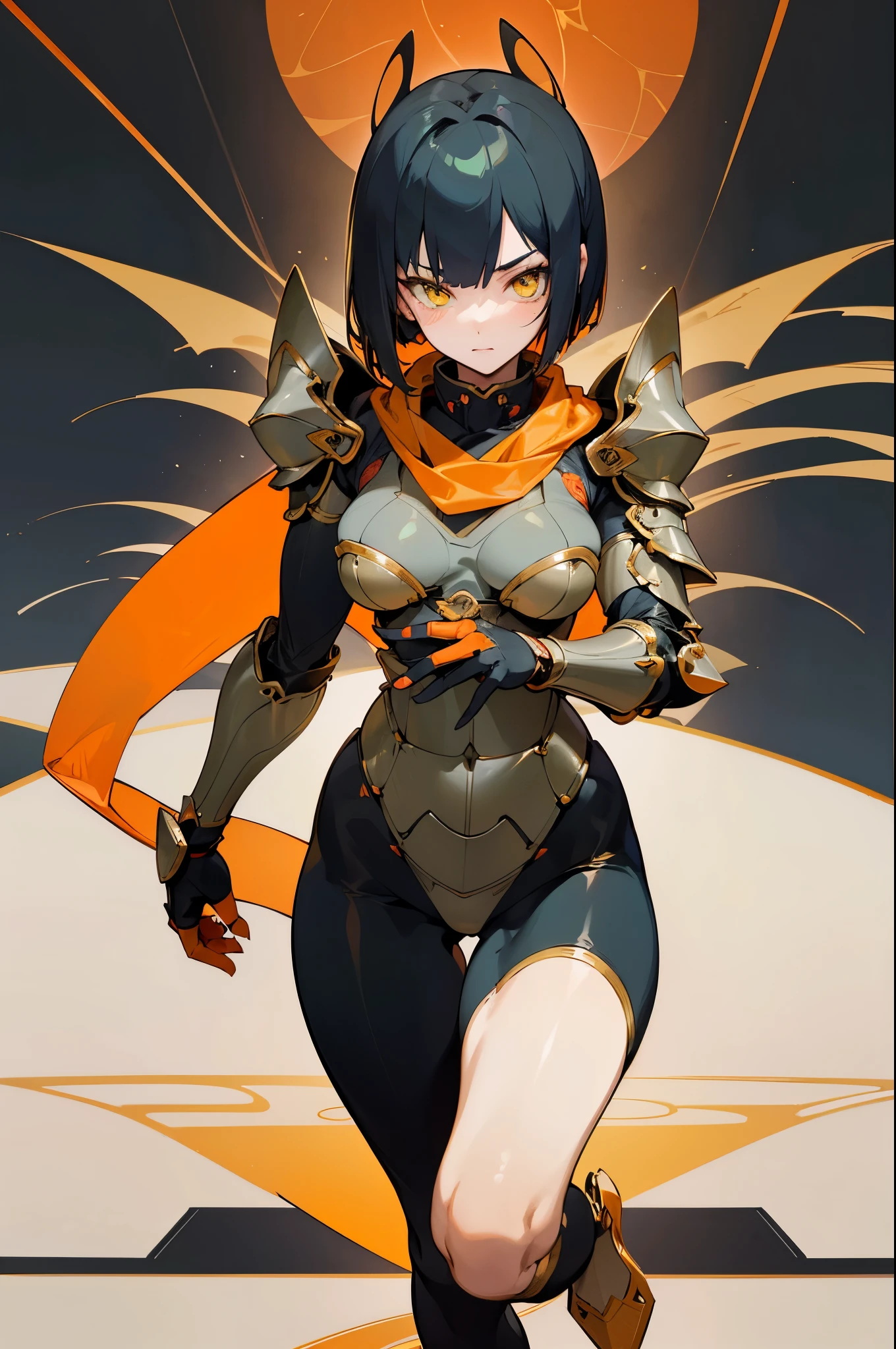 [Shinjuku background at night],Ginrei from Giant robot, (HENTAI ANIME) (Japanese NINJA Girl (Beauty) 19yo student) and muscular [Slim & fit body], Short Bob Cut,([hornet] Orange Ninja Battle Armor) scarf [stall] ((Fitting rubber inner) [honeycomb] [edg]) hair adornments (Dull metallic luster:0.8),gravure [KUNOICHI],(Perfectly proportioned),Ideal color coordination),(Intricate and beautiful decoration (Dense detail)),[Perfect hand details],(Beautiful perfect face, yellow eyes, yellow irises, [Perfect eye details, [Full body like], fit thighs, thigh gap,[[Desaturation]], pretty hands, perfect fingers
