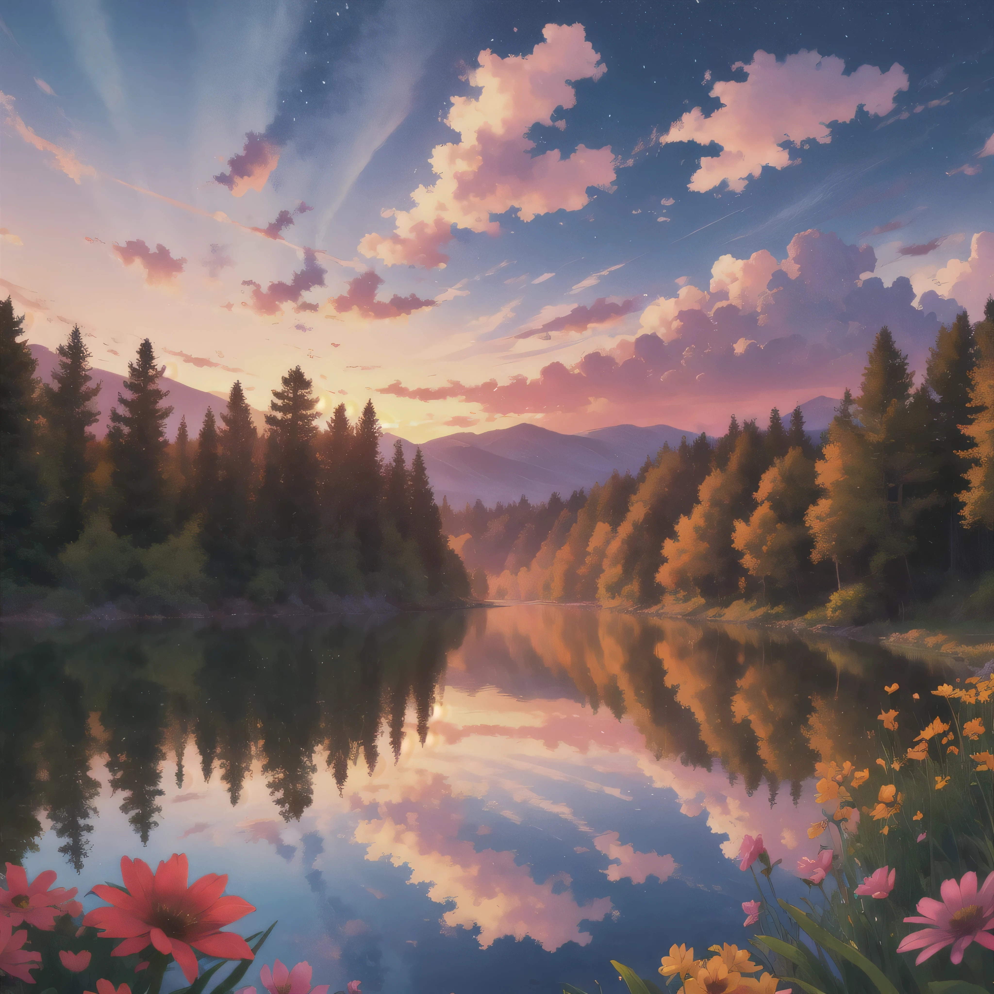 There is a beautiful sunset, the hillside is covered with flowers and plants, the flowers are up close, the colorful sky, the surreal colors, the colorful sunsets, the colorful sky, the marvelous sky reflection, the amazing sky, the fantastic atmosphere 8K, the colorful clouds, the color reflection on the lake, the surreal sky, the red and blue reflection, the fire reflection, the beautiful sky, the beautiful and spectacular dusk, the beautiful dream landscape, the amazing sky