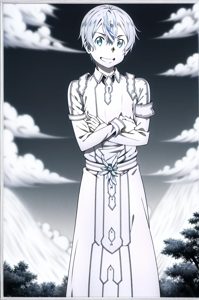 eugeo sword art online, looking at viewer, boy, masterpiece, laughing, high quality, 4k, starfall, black and white