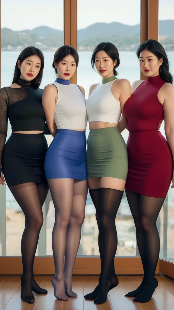 Four women in skirts standing side by side on the beach, Age 35 years，Asian Face，Tall and obese，Minimalist tights for women, Realistic clothing, skinTights, Wear tight, simple clothing, Daz Studio Genesis Iray Women, Tights, Tights, A shader, Succubus in tight skirt, Realistic clothing, Tights, daz3d genesis A shader