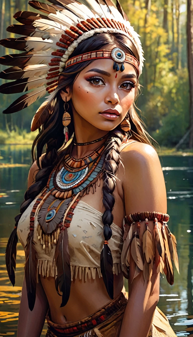 a beautiful detailed American Indian girl, extremely detailed face, beautiful detailed eyes, beautiful detailed lips, long eyelashes, wearing an intricate Indian costume in warm brown tones, very sexy and alluring, feathers in her hair, knee-deep in a tranquil lake surrounded by a dense, closed forest, (best quality,8k,highres,masterpiece:1.2),ultra-detailed,(realistic,photorealistic,photo-realistic:1.37),cinematic lighting,dramatic shadows,dramatic mood,oil painting,artwork inspired by Bill Sienkiewicz,detailed environment