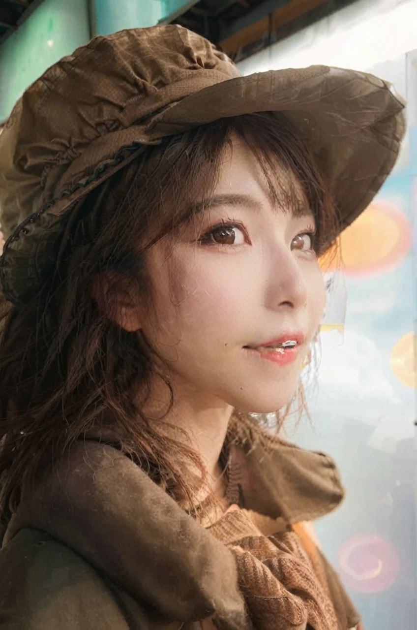 a Beautiful Japanese high school girl, standing on the load, from side, medium long hairstyle, , skirt, sneakers, full body, smile, looking at camera, sunny at noon winter, Tokyo crowded with people, anamorphic, flare, High Dynamic Range Shot, photograph, 4K