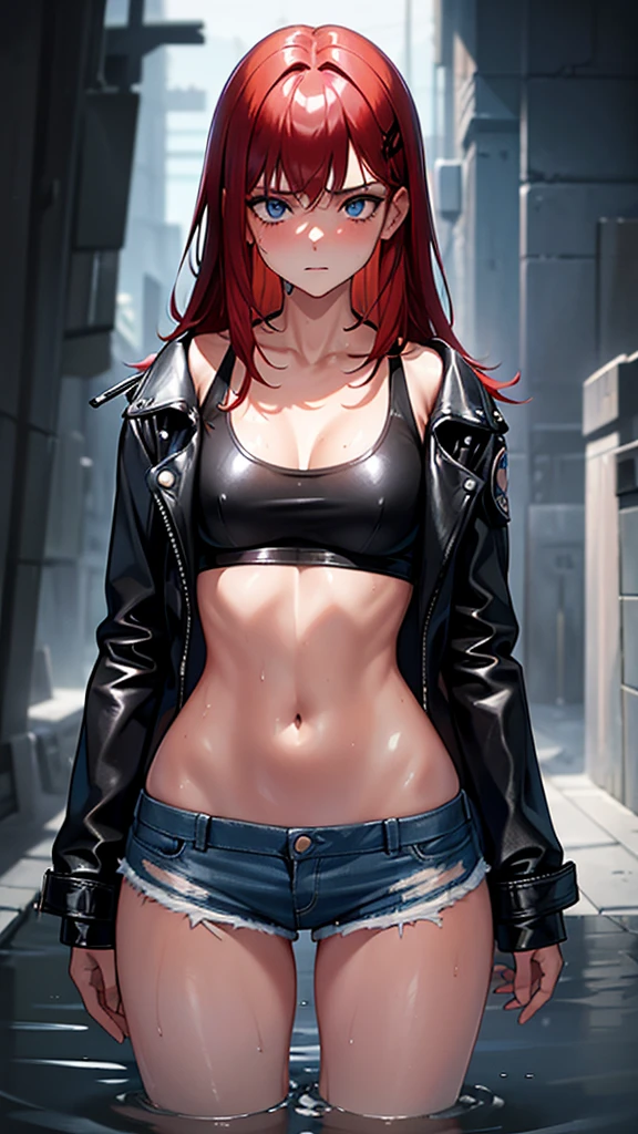 Beautiful and sexy 18 year old girl, long hair redhead, blue-eyed, black leather jacket, short white shirt, short denim shorts, wet sexy, soaked, with water, wet, confusion, confused expression confused situation, ropa soaked, breasts on shirt, ropa wet, wet hair, WET BODY, cara wet