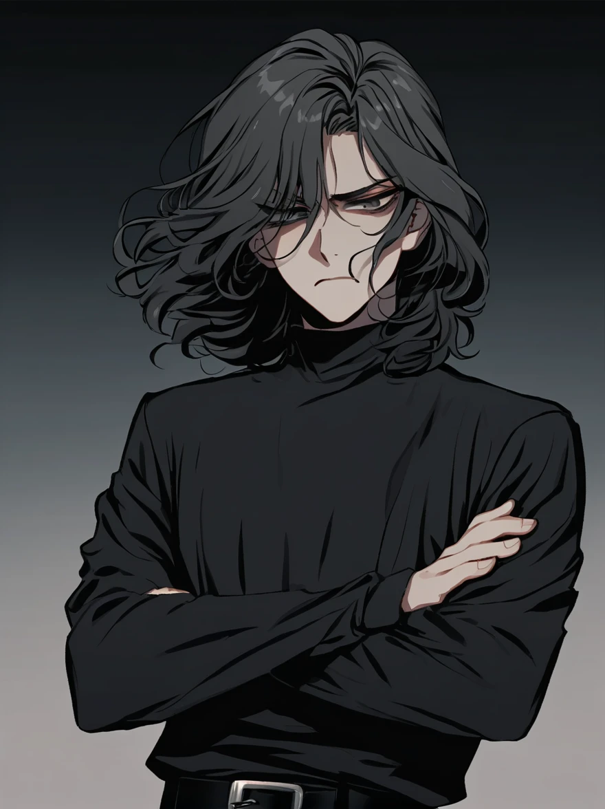 Solo, male, dark medium hair, gray eyes, moody, crossing arms, not happy, gradient background, dark clothing, eyeliner