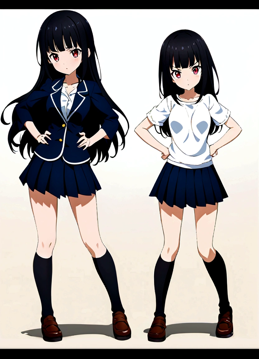 Black Hair、My hair is fluttering in the wind、White background、high school girl、Knee-high socks、Thigh-high socks、Background white、Semi-long hair、whole body、Standing with your legs apart、Red Eyes、Displeased、to point at、Hands on hips、真summer、summer、Sunshine、Spiteful eyes、、Black Hair、blunt bangs、White shirt,1 girl, 2D CG, Advanced digital anime art, anime character