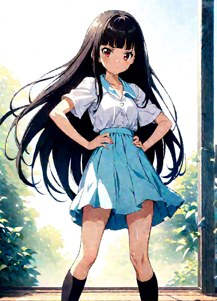 Black Hair、My hair is fluttering in the wind、White background、high school girl、Knee-high socks、Thigh-high socks、Background white、Semi-long hair、whole body、Standing with your legs apart、Red Eyes、Displeased、to point at、Hands on hips、真summer、summer、Sunshine、Spiteful eyes、、Black Hair、blunt bangs、White shirt,1 girl, 2D CG, Advanced digital anime art, anime character