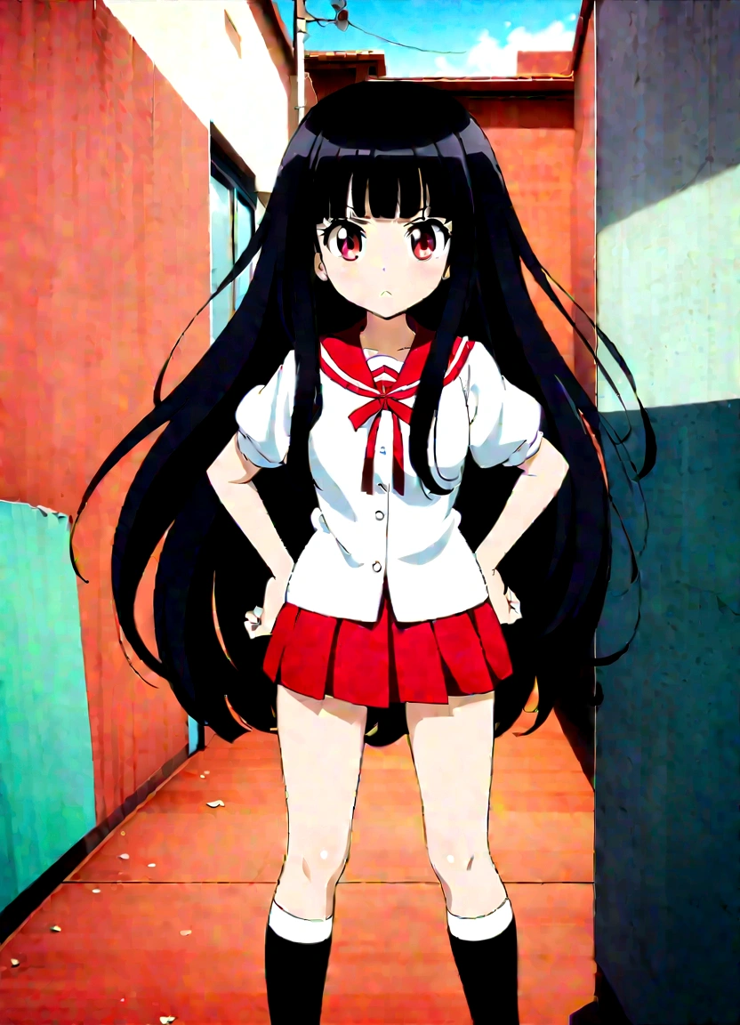 Black Hair、My hair is fluttering in the wind、White background、high school girl、Knee-high socks、Thigh-high socks、Background white、Semi-long hair、whole body、Standing with your legs apart、Red Eyes、Displeased、to point at、Hands on hips、真summer、summer、Sunshine、Spiteful eyes、、Black Hair、blunt bangs、White shirt,1 girl, 2D CG, Advanced digital anime art, anime character