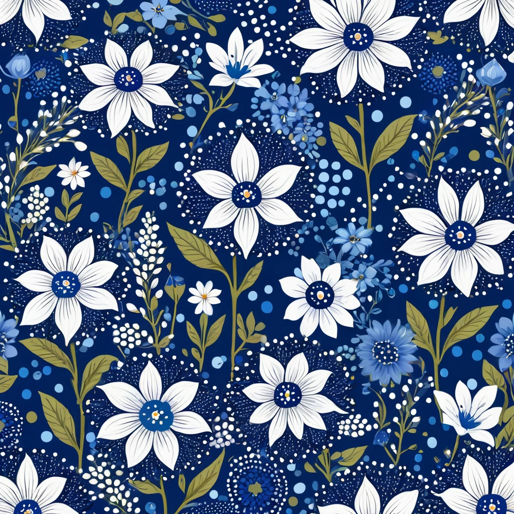 a blue and white Floral Pattern with dots and dots, Blue flowers, Blue flowers accents, Floral Pattern, crown of Blue flowers, Seamless pattern design, blue flower field, Blue flowers bloomed all over, Forest and flowers blue, Plant Pattern, Indigo Mystical Pattern, Indigo blooming flowers garden, Garden flowers pattern, Seamless pattern, Repeating pattern. Seamless, Stylized flowers