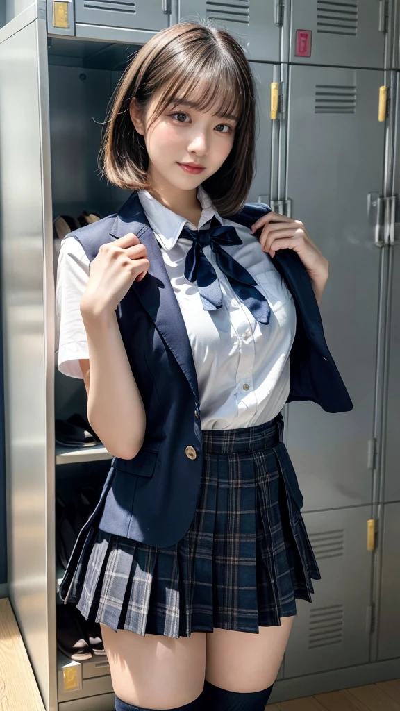 (8K, RAW Photos, Highest quality, masterpiece:1.3), (professional photography, full colors, studio-caliber color grading), (Gravure quality for high-end fashion magazines), close up, (Details High quality, realistic depiction of eyes:1.3),locker room、High school girl uniform、blazer 、Super Short Check Uniform Skirt、Navy blue high socks、garterbelts、Colossal tits、Disturbed uniform,  short bob hair, black hair color, huge breasts, Big Natural Color Lip, bold sexy pose, (perfect body shape), crying a little、Harajuku style、20 year old girl、 beautiful legs, hposing Gravure Idol, Voluptuous thighs